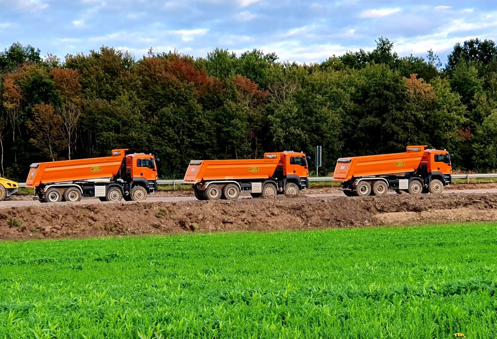 Trois camions bennes au bord d'un champ vert